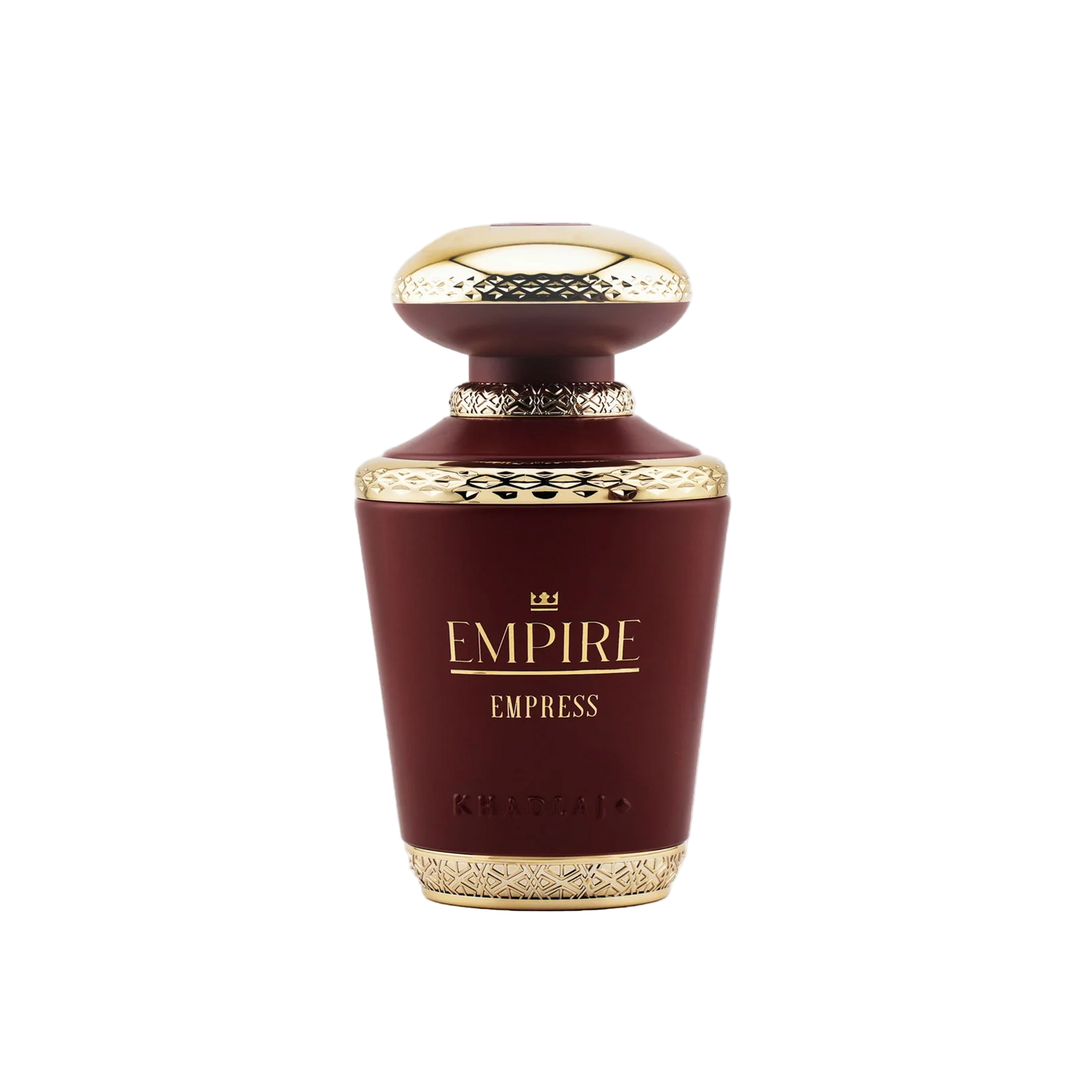 Empire Empress by Khadlaj perfume bottle, dark red matte finish with gold crown and detailed metallic trim.