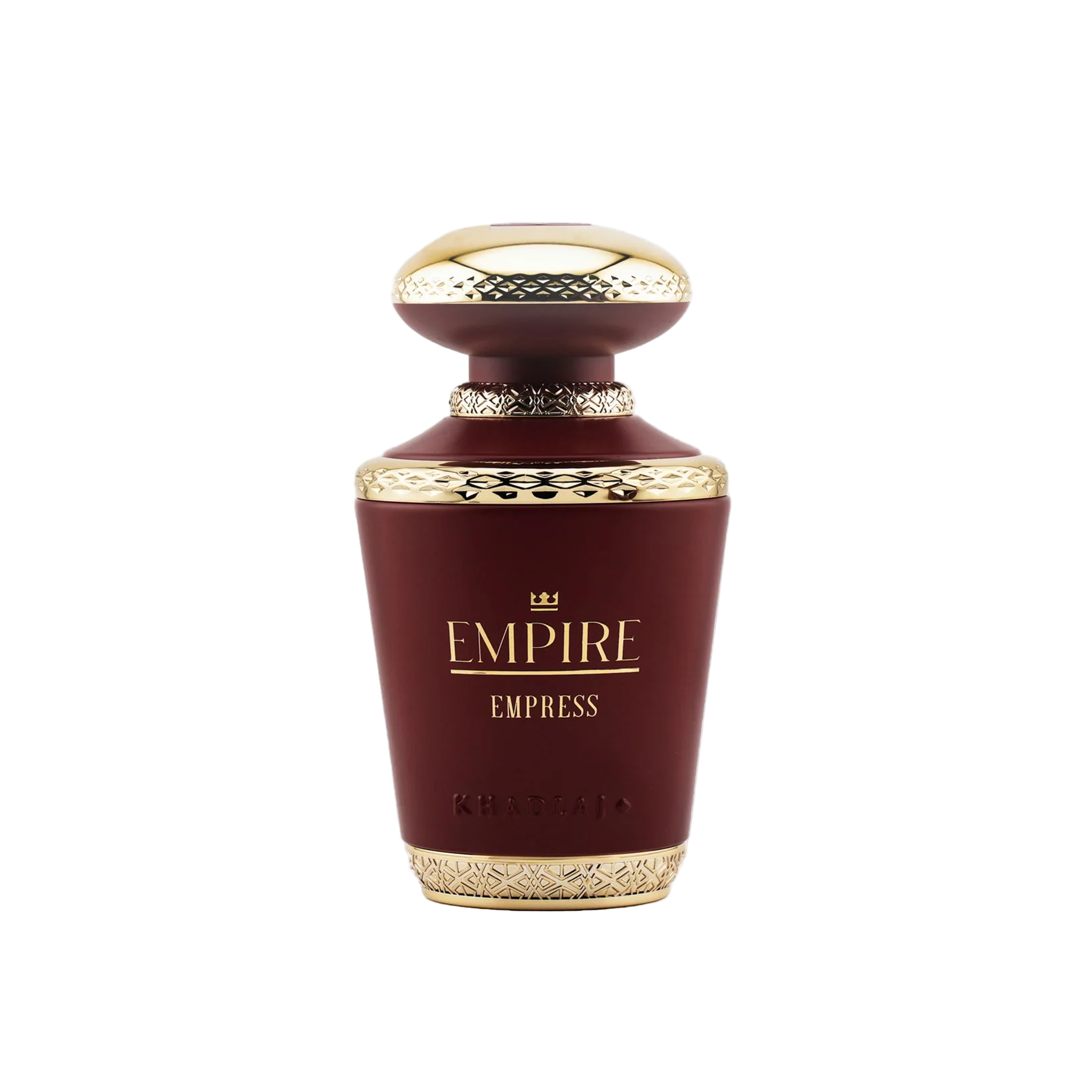 Empire Empress by Khadlaj perfume bottle, dark red matte finish with gold crown and detailed metallic trim.