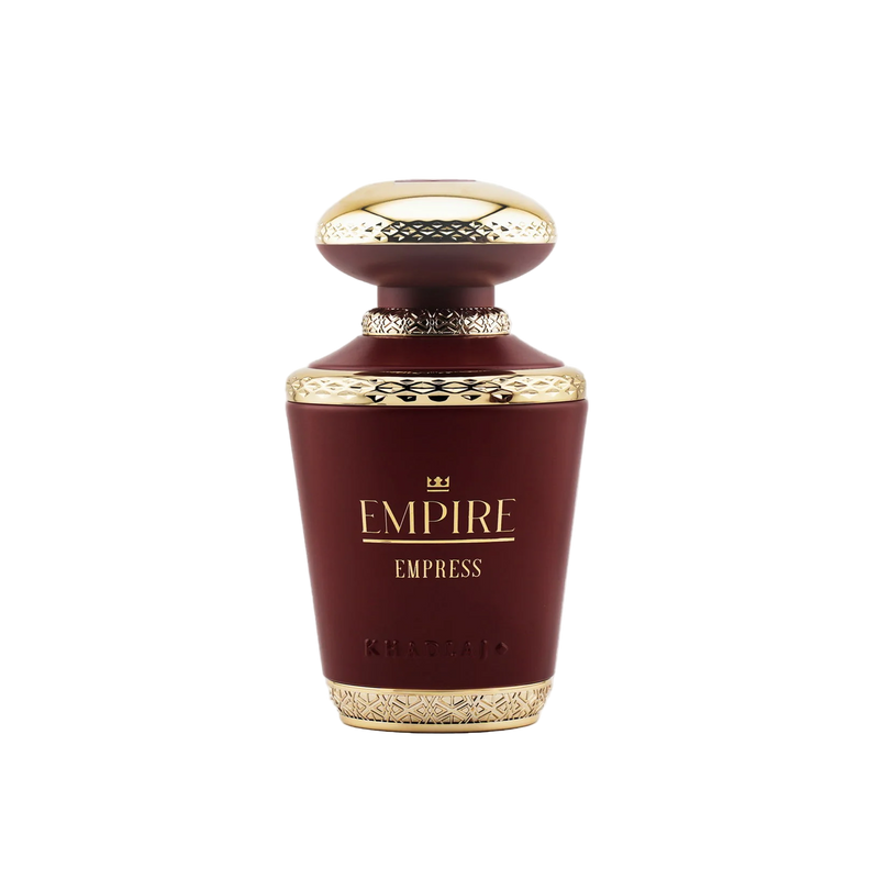 Empire Empress by Khadlaj perfume bottle, dark red matte finish with gold crown and detailed metallic trim.