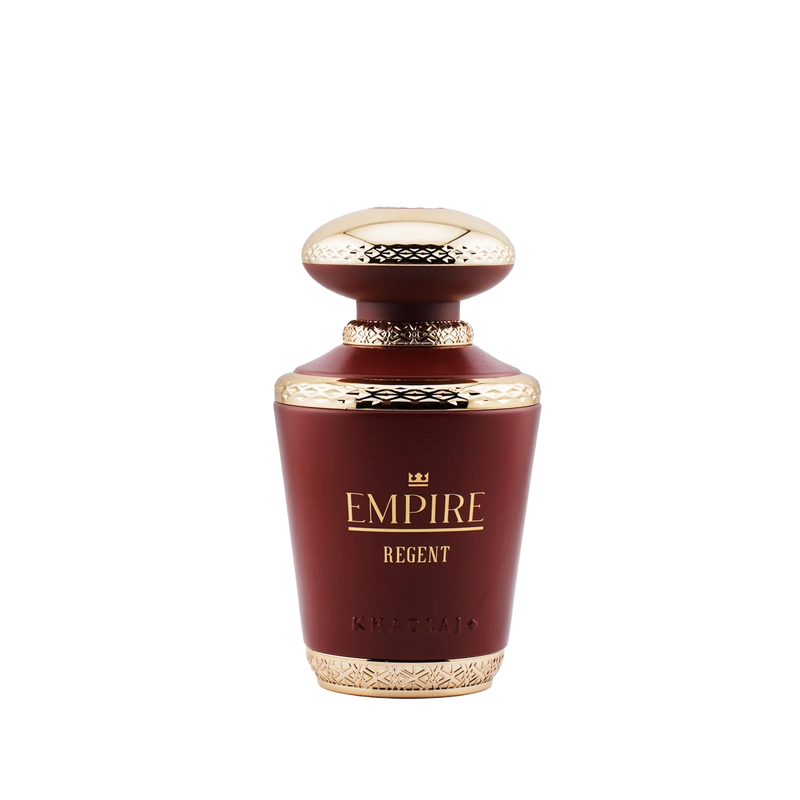 Empire Regent perfume by Khadlaj, featuring a maroon bottle with an ornate gold cap and base on a white background.
