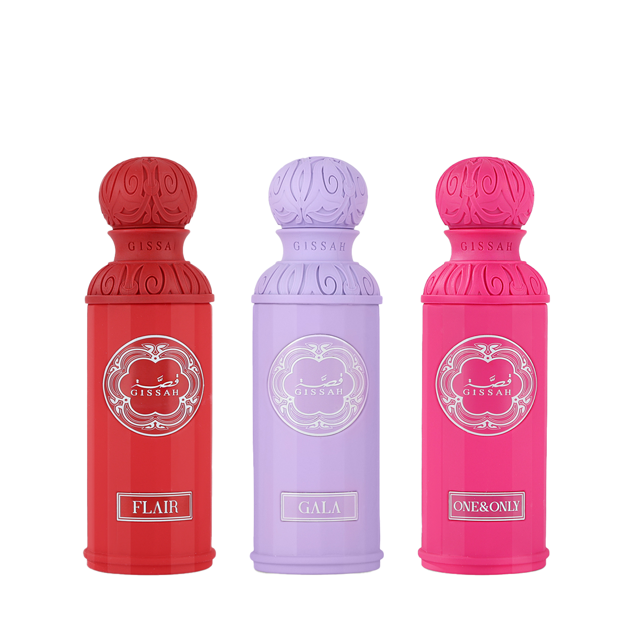 Three Gissah perfume bottles in red, purple, and pink