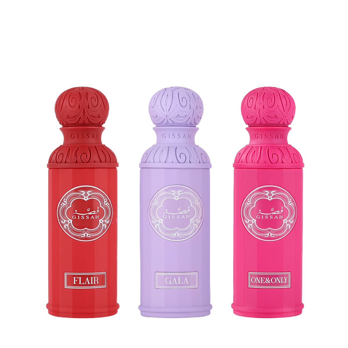 Three Gissah perfume bottles in red, purple, and pink