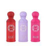 Three Gissah perfume bottles in red, purple, and pink