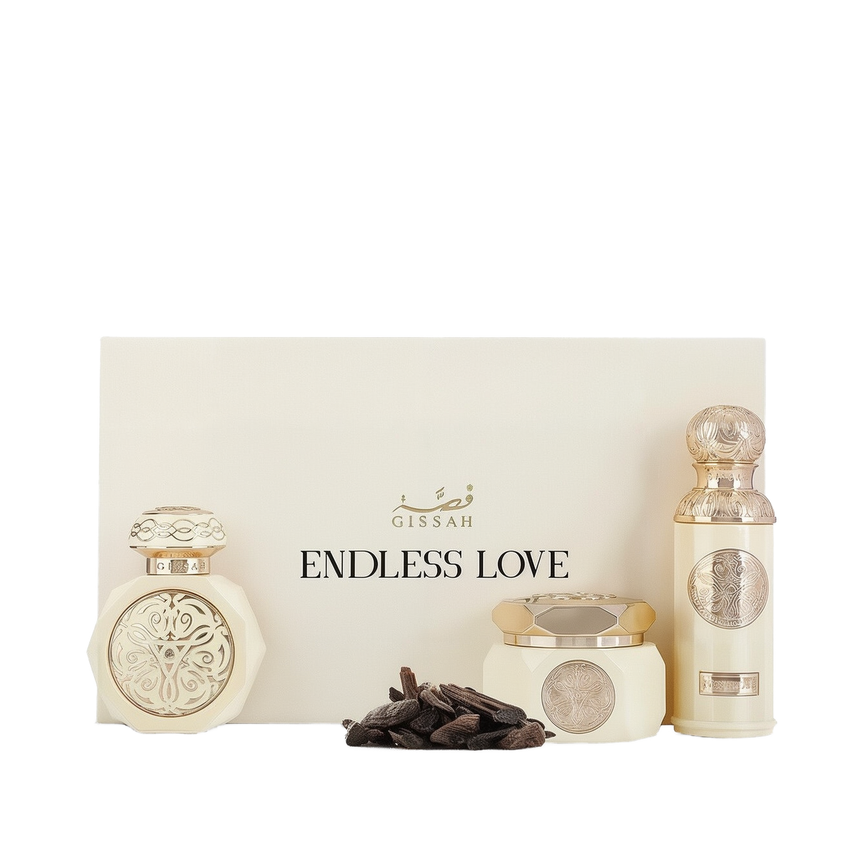The image shows two perfume bottles from Gissah's "Endless Love" collection, displayed in front of a cream-colored box that has the collection's name printed on it. One bottle is short and wide with a flat cap, while the other is tall and cylindrical with a rounded cap. Both bottles are an off-white color and feature ornate gold medallions. Next to the bottles are a cluster of dark-colored items that resemble cloves, which might indicate the scent profile of the perfumes.