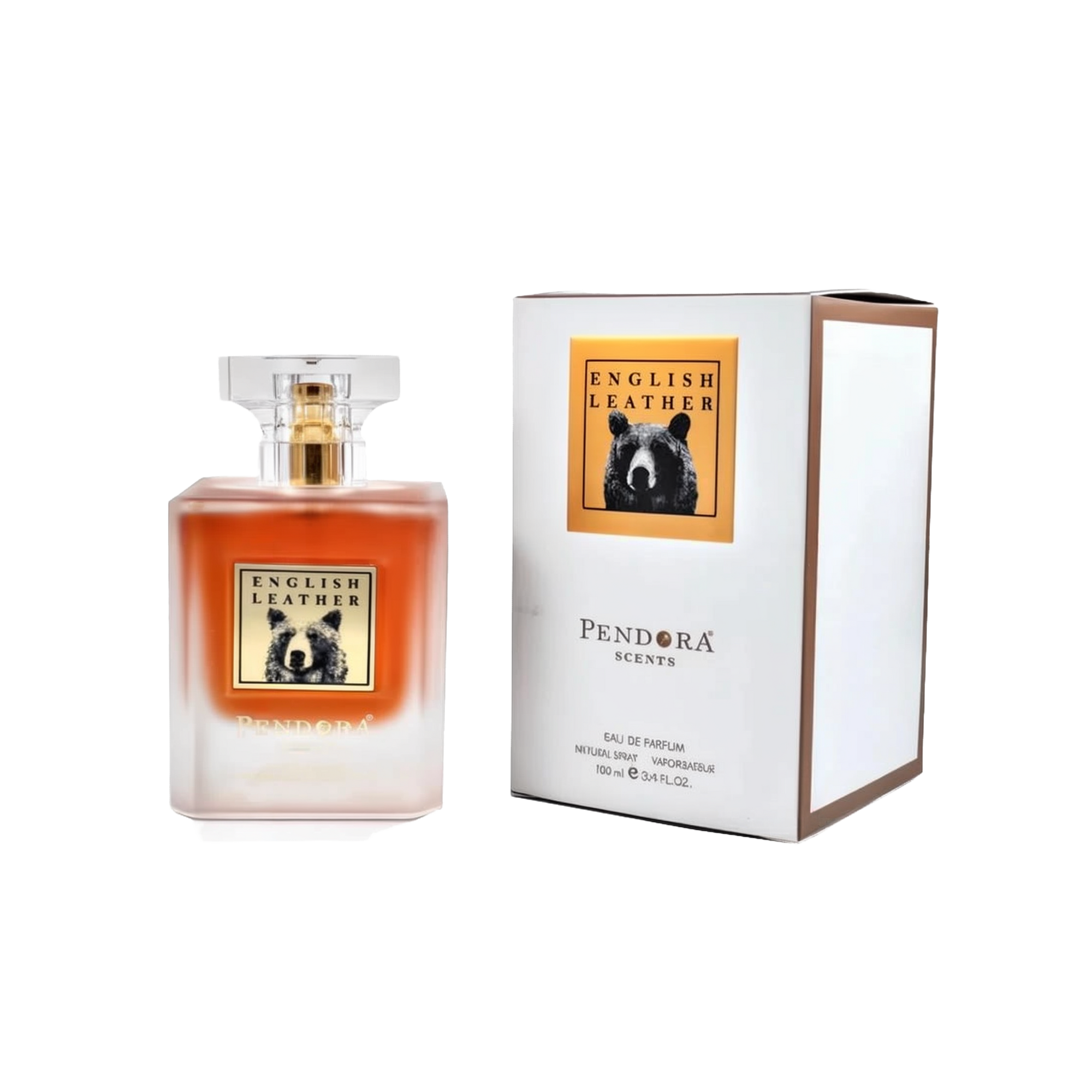 A rectangular frosted glass perfume bottle transitioning from clear to warm amber, with a clear square cap and a bear illustration on the label reading “English Leather.” The bottle is shown next to a white box with the same “English Leather” bear label and “Pendora Scents” branding.
