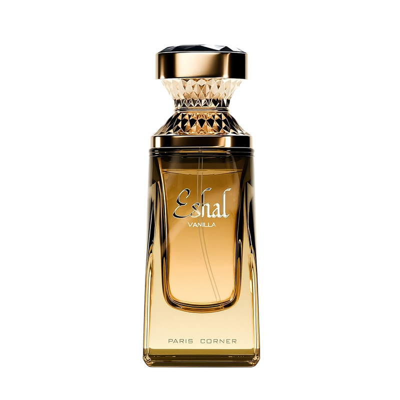 Golden square perfume bottle with Eshal Vanilla and Paris Corner branding on front.