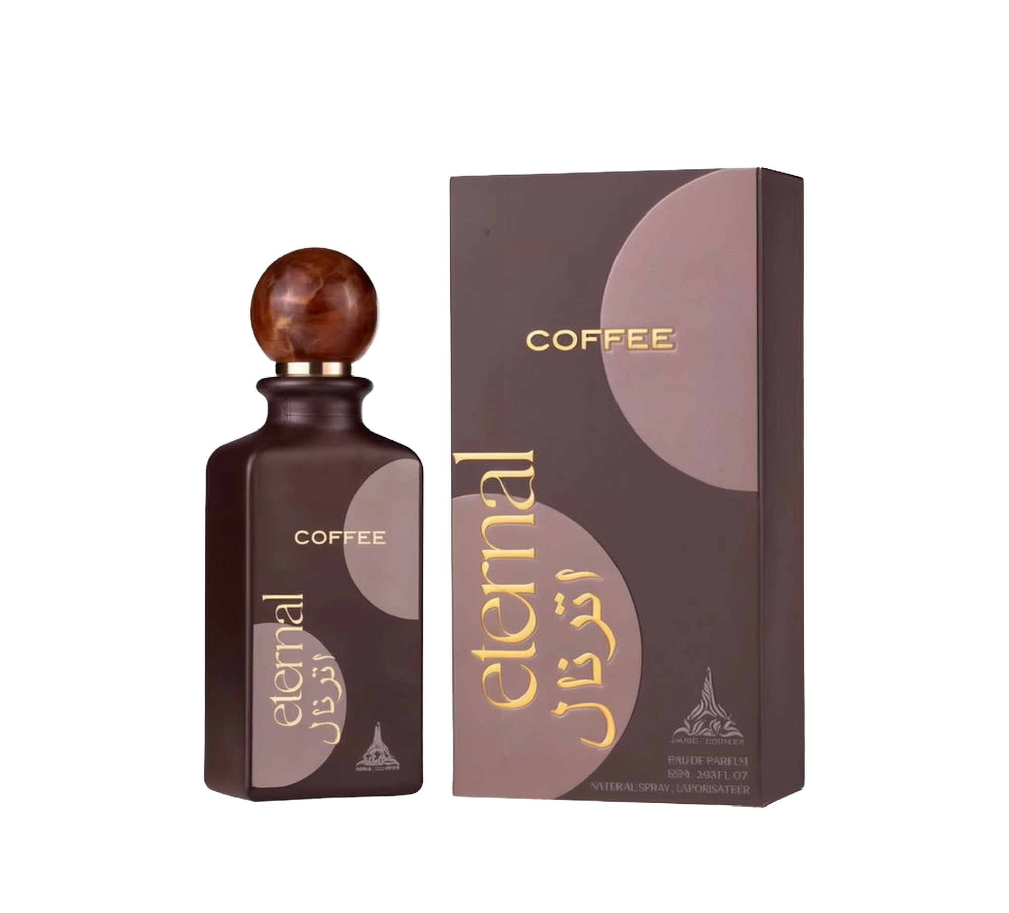 A dark brown rectangular perfume bottle with a spherical, wood-like cap labeled ‘COFFEE’ and ‘eternal’ in gold lettering alongside a matching brown box featuring the same branding and Arabic script.