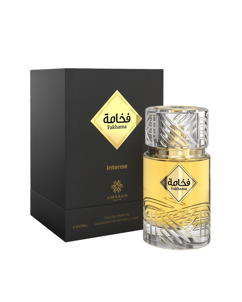 Fakhama Intense by Amaran in a clear etched glass bottle with gold accents, shown beside a black and gold box.