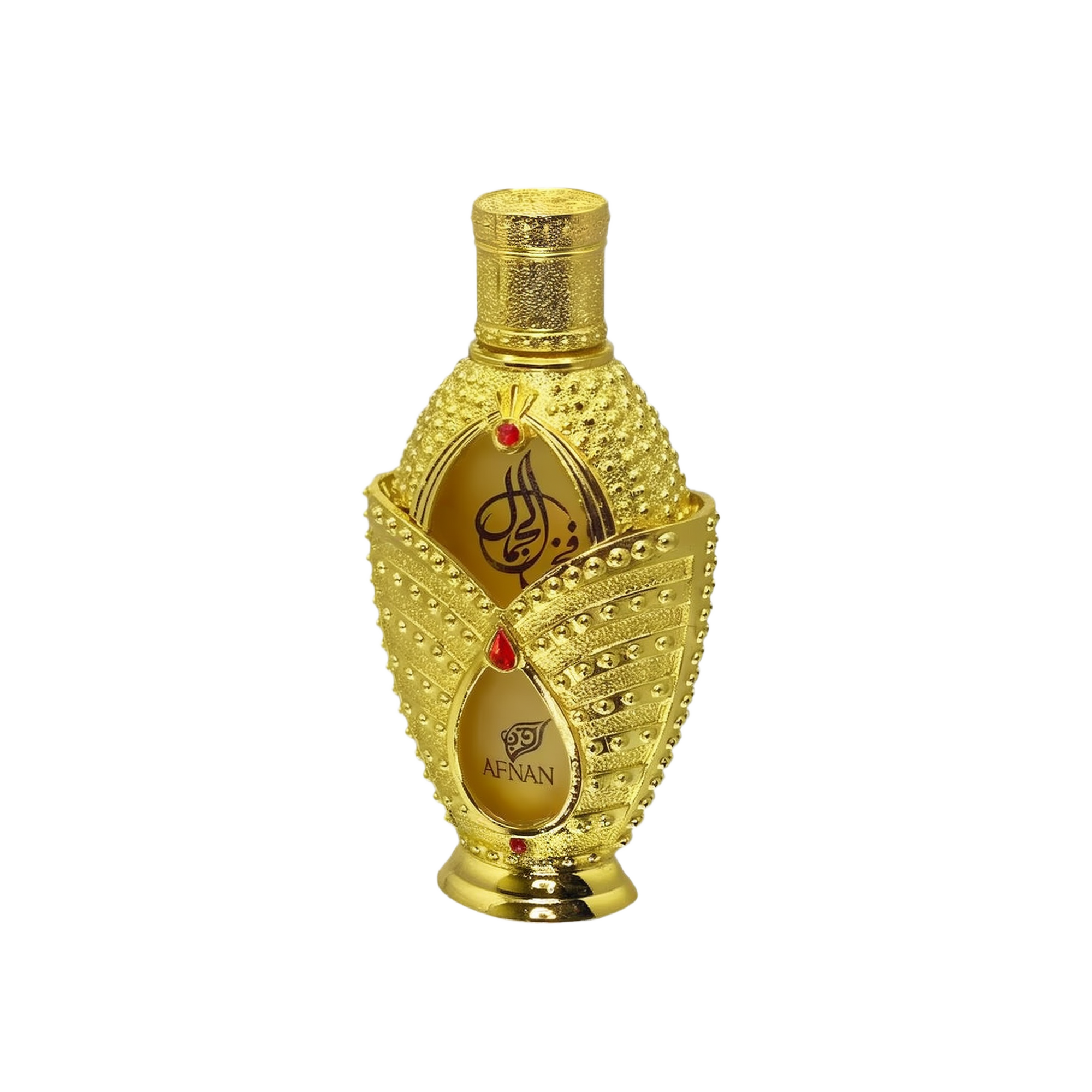 The image shows a luxurious perfume bottle from the brand "Afnan." The bottle has an opulent design featuring a gold exterior adorned with intricate beading and decorative elements. The front of the bottle has two teardrop-shaped windows revealing the amber-colored perfume inside, with the brand name "Afnan" and elegant Arabic calligraphy.