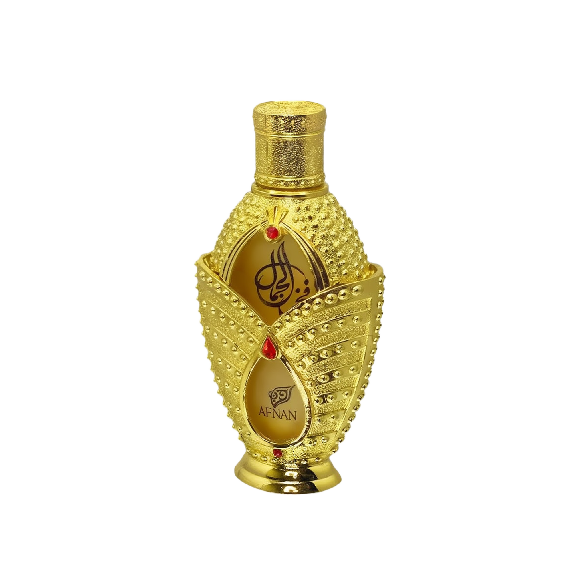 The image shows a luxurious perfume bottle from the brand "Afnan." The bottle has an opulent design featuring a gold exterior adorned with intricate beading and decorative elements. The front of the bottle has two teardrop-shaped windows revealing the amber-colored perfume inside, with the brand name "Afnan" and elegant Arabic calligraphy.
