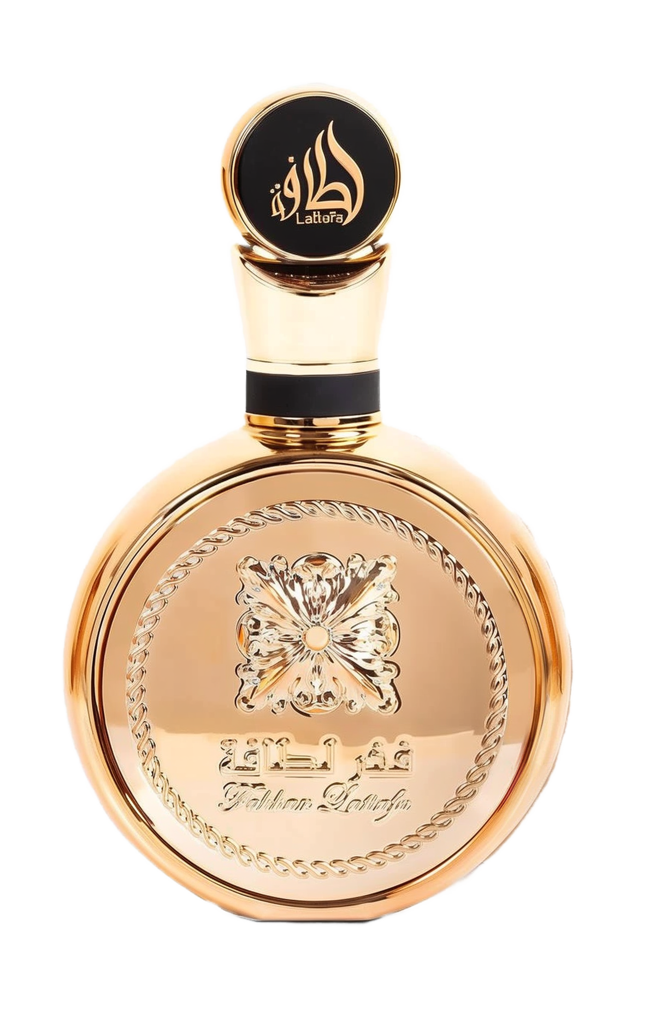 Image of a round, gold-colored perfume bottle with a large circular cap. The cap features black Arabic calligraphy and the brand name 'Lattafa' in English. The bottle has a decorative, embossed flower design in the center with elegant braided detailing along the edges and the inscription 'Fakhar Lattafa' below it. The overall design conveys luxury and traditional aesthetics, with a focus on reflective gold surfaces and contrasting black details.