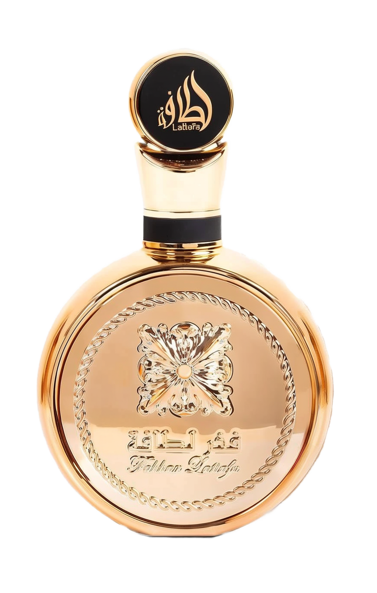 Image of a round, gold-colored perfume bottle with a large circular cap. The cap features black Arabic calligraphy and the brand name 'Lattafa' in English. The bottle has a decorative, embossed flower design in the center with elegant braided detailing along the edges and the inscription 'Fakhar Lattafa' below it. The overall design conveys luxury and traditional aesthetics, with a focus on reflective gold surfaces and contrasting black details.