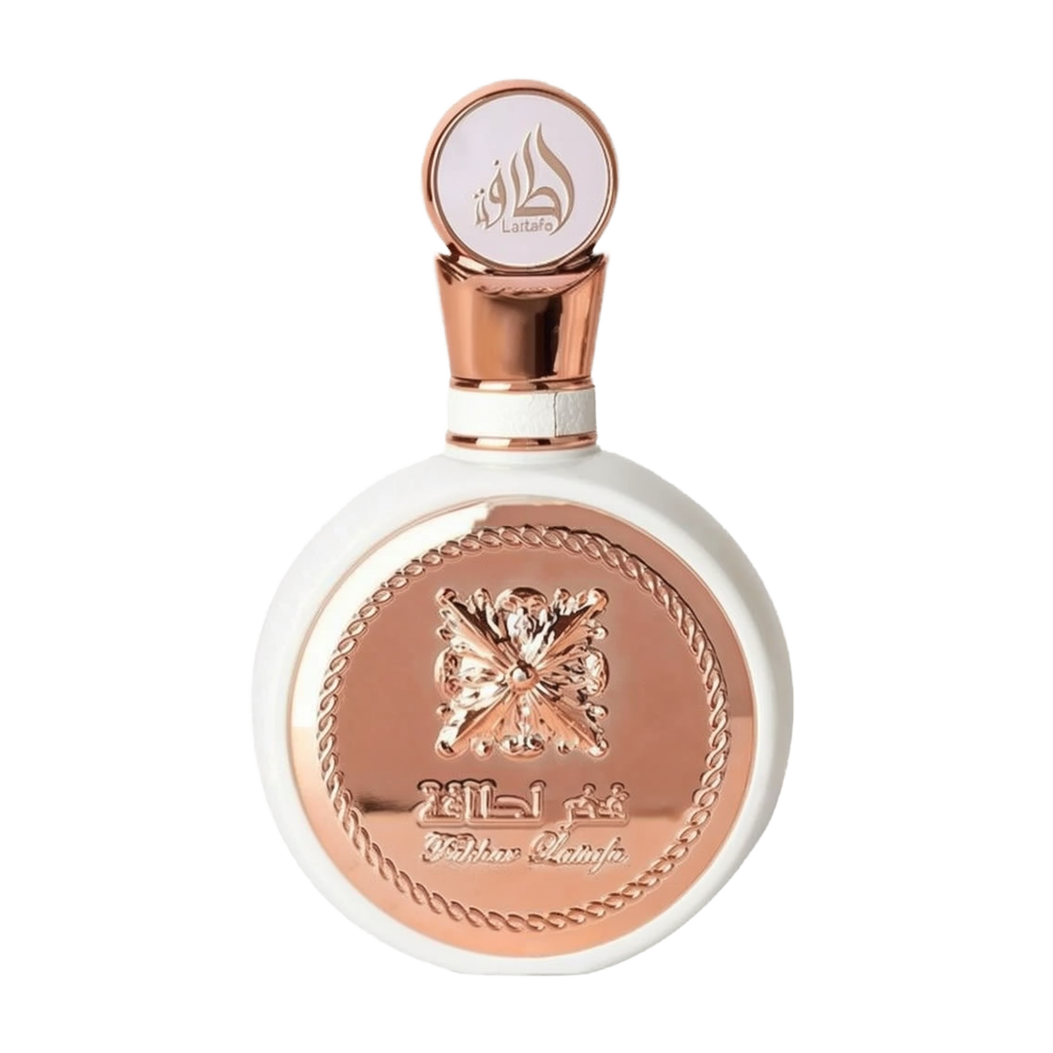 The image features a round, flat white perfume bottle with a rose gold cap and intricate rose gold detailing on the front. The central design is an ornate butterfly, surrounded by a braided border, with the name "Fakhar Lattafa" written below. The cap has the brand's logo "Lattafa" in stylized Arabic calligraphy. The aesthetic suggests a feminine and elegant fragrance product.