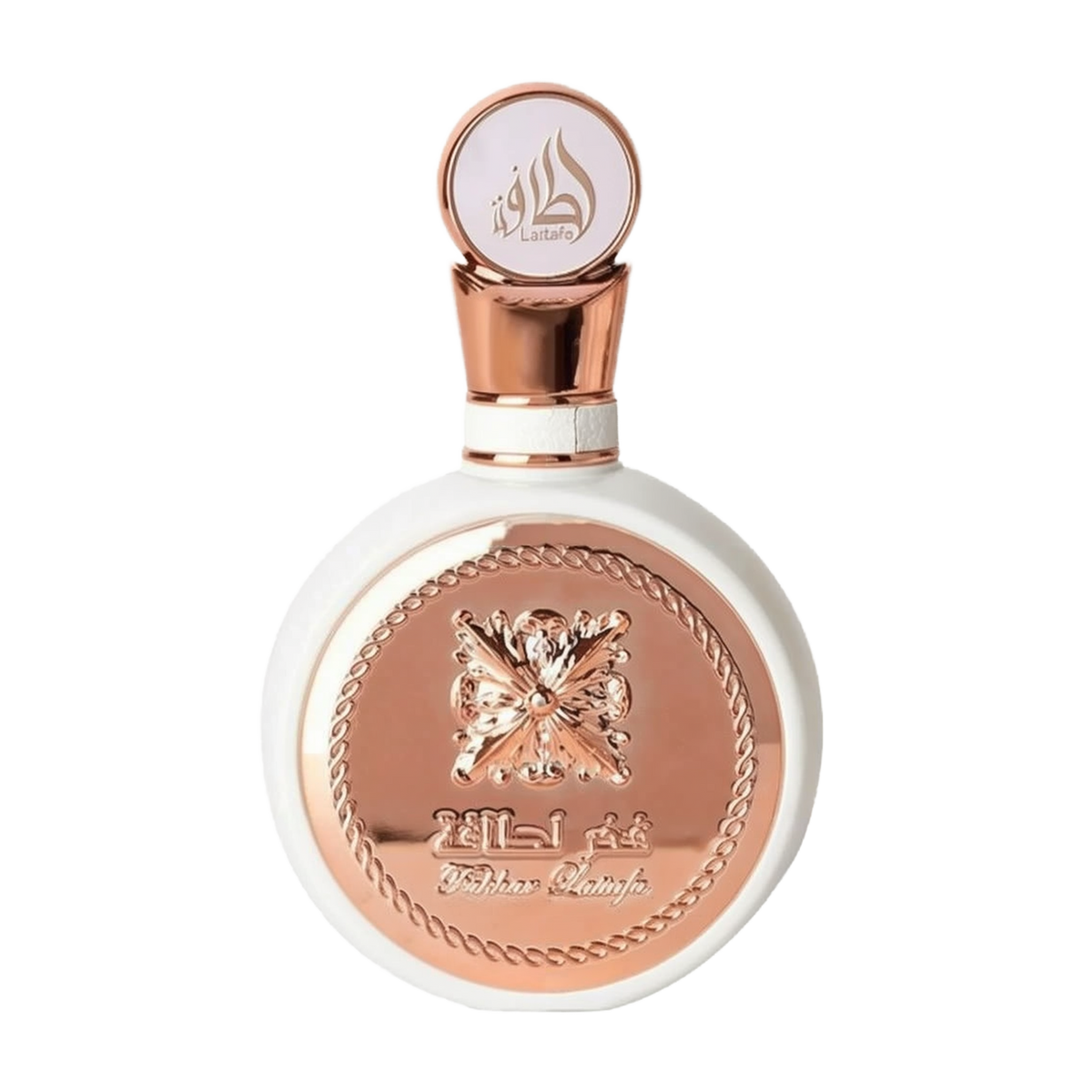 The image features a round, flat white perfume bottle with a rose gold cap and intricate rose gold detailing on the front. The central design is an ornate butterfly, surrounded by a braided border, with the name "Fakhar Lattafa" written below. The cap has the brand's logo "Lattafa" in stylized Arabic calligraphy. The aesthetic suggests a feminine and elegant fragrance product.