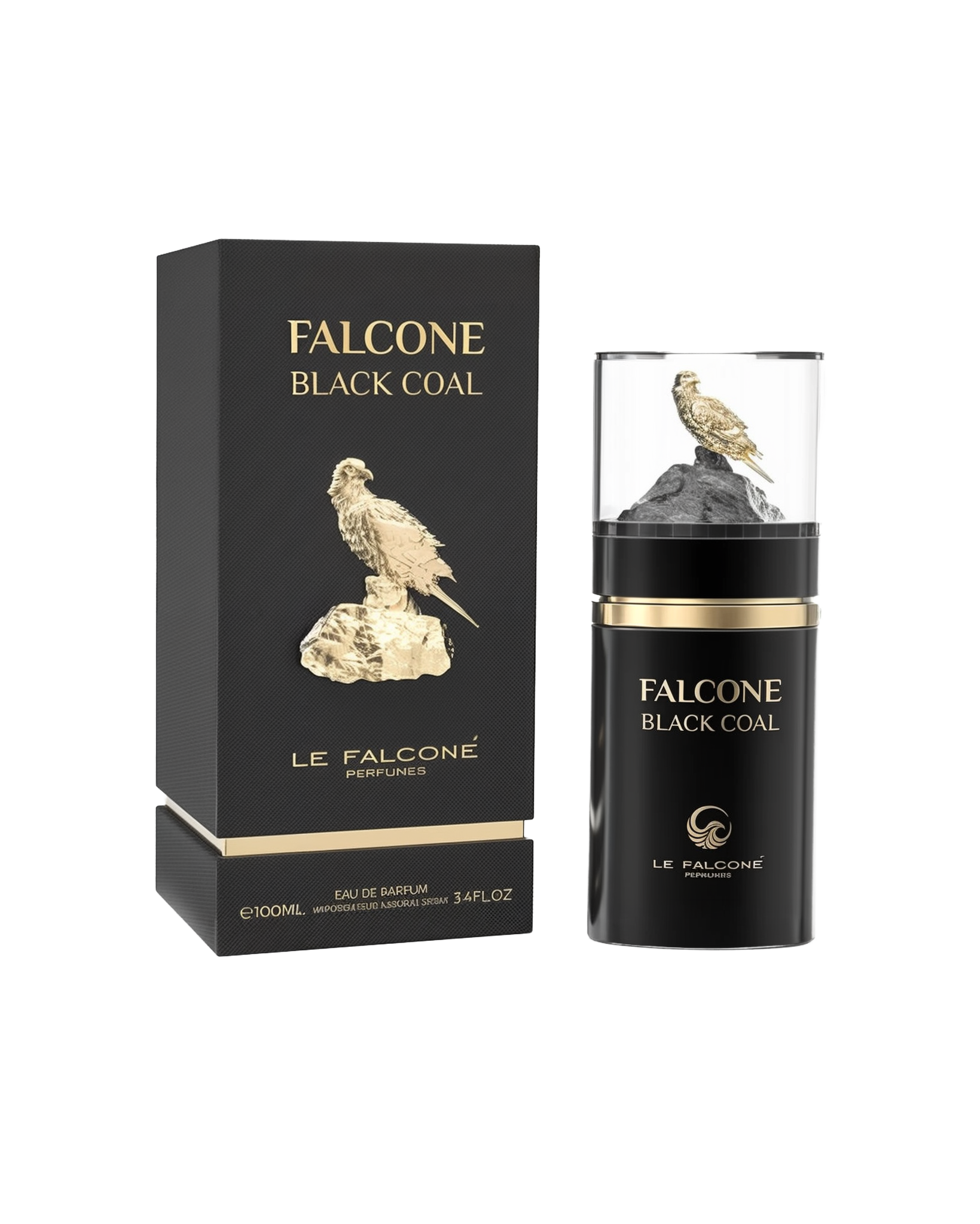 A black rectangular perfume box labeled ‘Falcone Black Coal’ by Le Falcone stands beside a matching cylindrical black bottle with a clear cap showcasing a gold falcon perched on a dark rock.