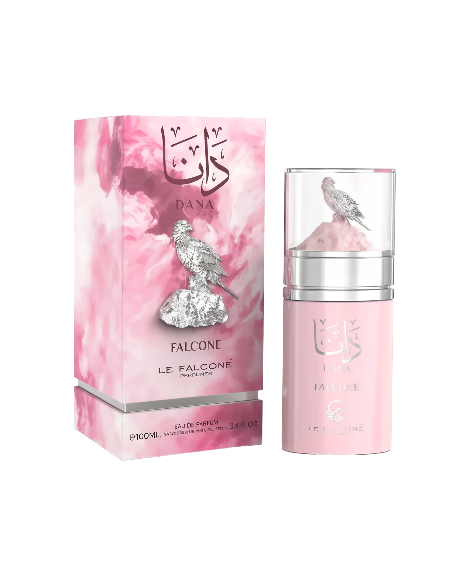 A pink rectangular perfume box featuring Arabic calligraphy and labeled ‘Dana Falcone’ by Le Falcone stands beside a matching cylindrical pink bottle with a clear cap, showcasing a silver falcon perched on a pink rock.