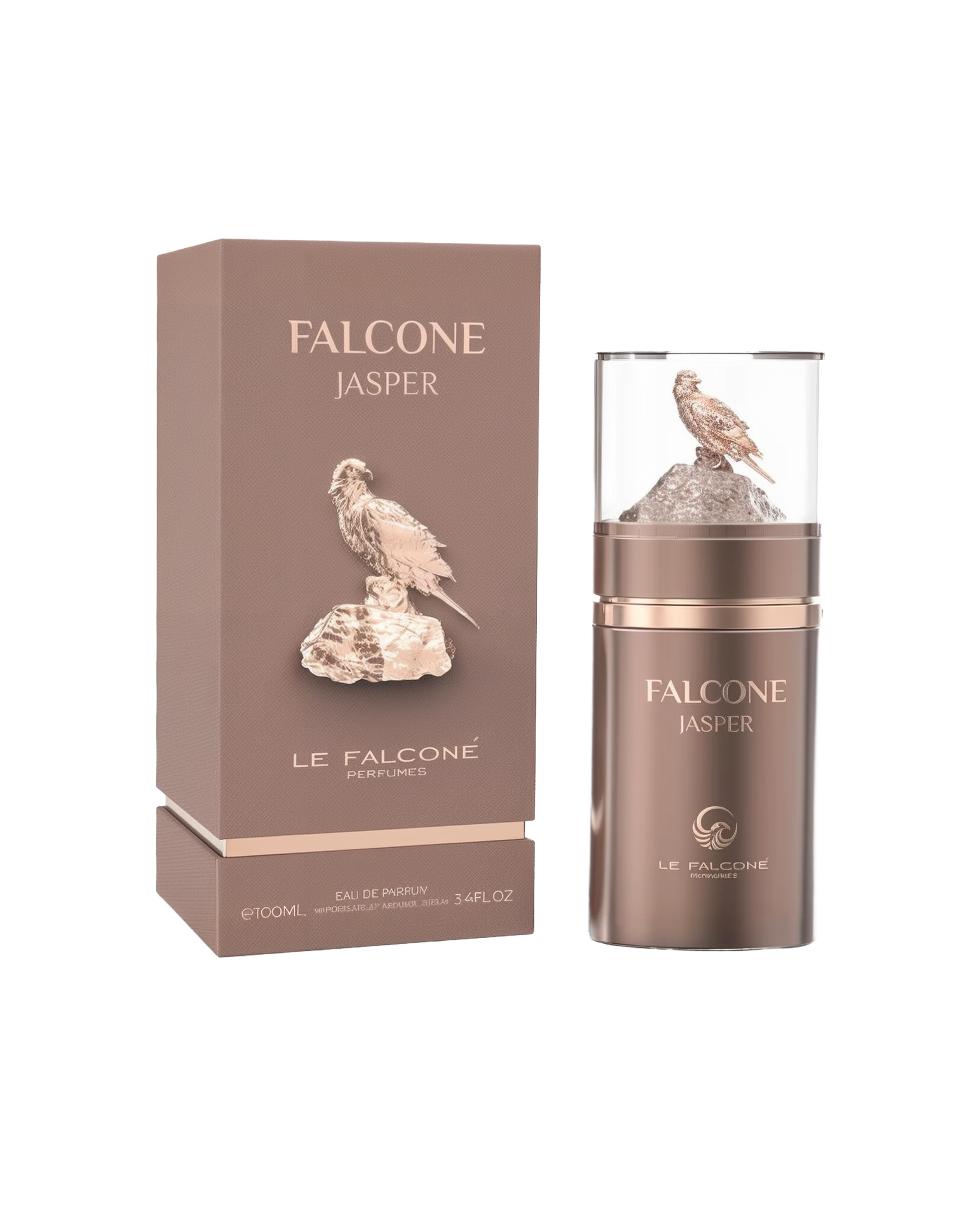 A brown rectangular perfume box labeled ‘Falcone Jasper’ by Le Falcone stands beside a matching cylindrical brown bottle with a clear cap showcasing a gold falcon perched on a metallic brown rock.
