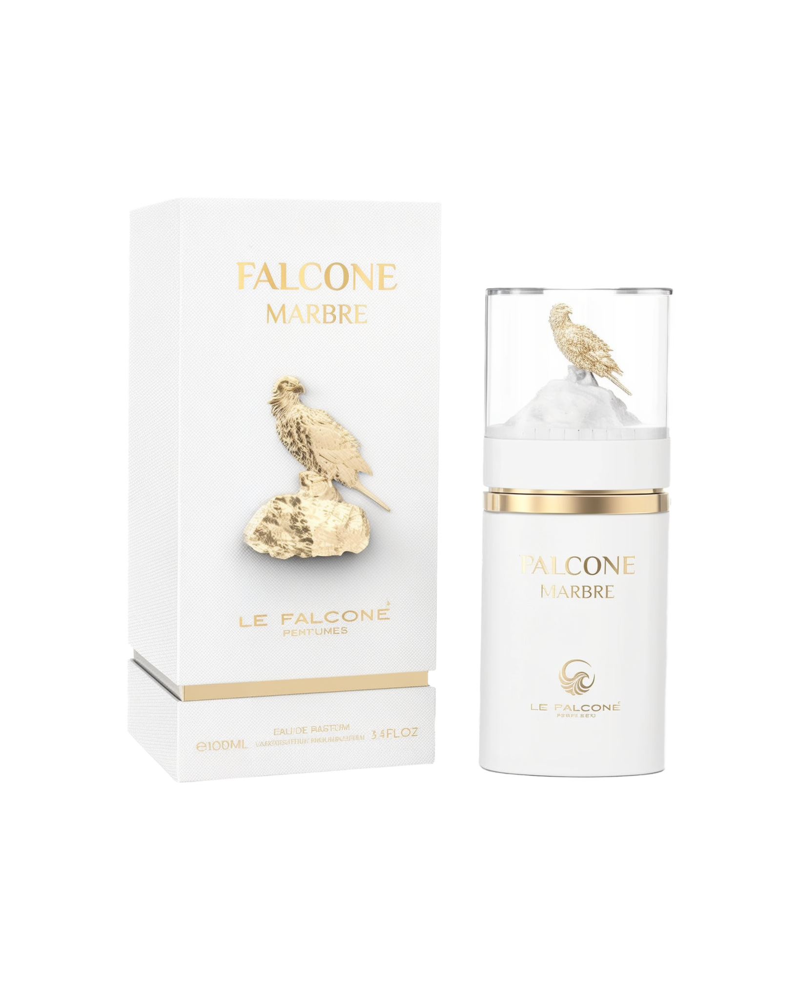 A white rectangular perfume box labeled ‘Falcone Marbre’ by Le Falcone stands beside a matching cylindrical white bottle with a clear cap showcasing a gold falcon perched on a white rock.