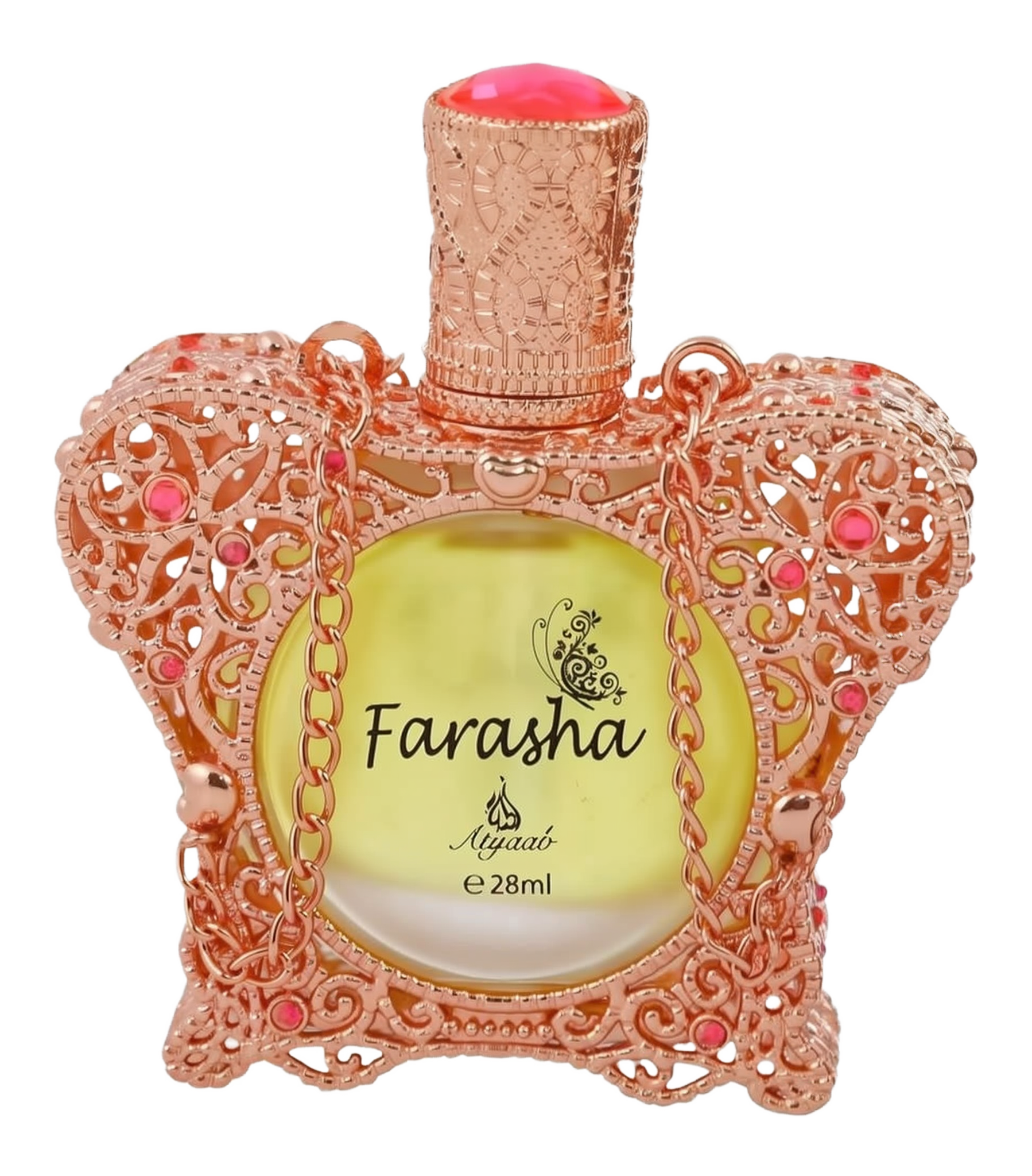 A close-up of an ornate perfume bottle with a rose gold lace-like design embellished with pink gemstones. The bottle cap is textured and also in rose gold, with a peach-colored top. It contains a yellow liquid, and the front of the bottle has the name "Farasha" printed in black, with a small butterfly motif above it, and "Ayyashi e 28ml" indicating the fragrance volume.