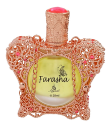 A close-up of an ornate perfume bottle with a rose gold lace-like design embellished with pink gemstones. The bottle cap is textured and also in rose gold, with a peach-colored top. It contains a yellow liquid, and the front of the bottle has the name "Farasha" printed in black, with a small butterfly motif above it, and "Ayyashi e 28ml" indicating the fragrance volume.