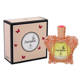 The image shows a perfume product with a uniquely designed bottle and packaging. The bottle is ornate with a delicate pinkish-orange filigree design and a peach-colored top, containing a yellow-toned fragrance liquid. It has the name "Farasha" in a stylized script on the front.  Accompanying the bottle is a beige box with a simple, elegant design, featuring the same name "Farasha," small butterfly motifs in red, and the brand "Ayyashi e 28ml" indicating the fragrance volume. 