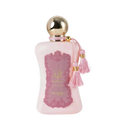The image shows a bottle of "Fatima" extrait de parfum by Zimaya. The perfume bottle is an elegant, soft pink color with a gold spherical cap. It features a pink label with ornate detailing and gold text, reading "Fatima" in both English and Arabic, along with "extrait de parfum" and the brand name "zimaya" at the bottom. The bottle is adorned with two pink tassels hanging from the neck, adding a touch of luxury and sophistication.
