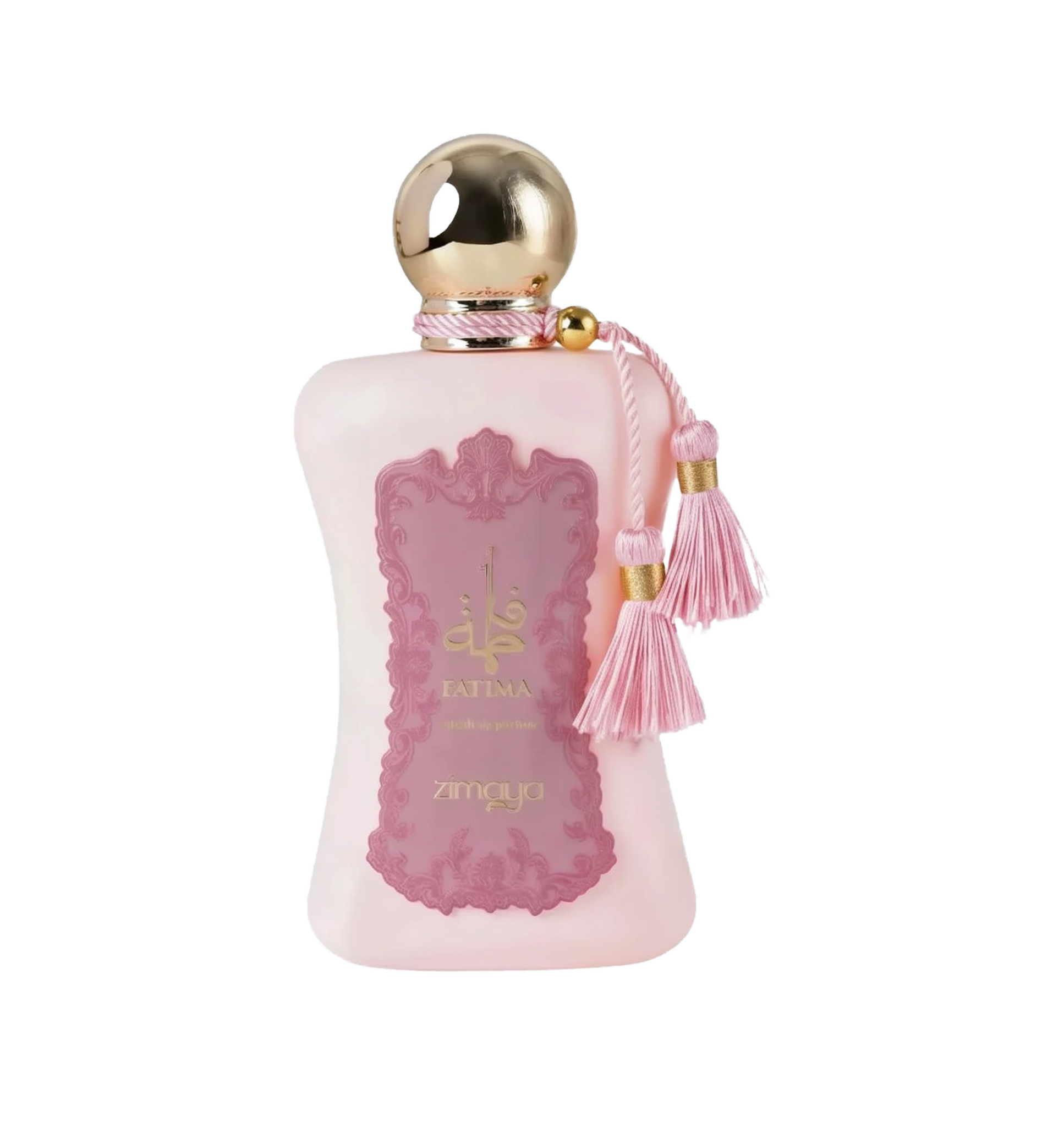 The image shows a bottle of "Fatima" extrait de parfum by Zimaya. The perfume bottle is an elegant, soft pink color with a gold spherical cap. It features a pink label with ornate detailing and gold text, reading "Fatima" in both English and Arabic, along with "extrait de parfum" and the brand name "zimaya" at the bottom. The bottle is adorned with two pink tassels hanging from the neck, adding a touch of luxury and sophistication.