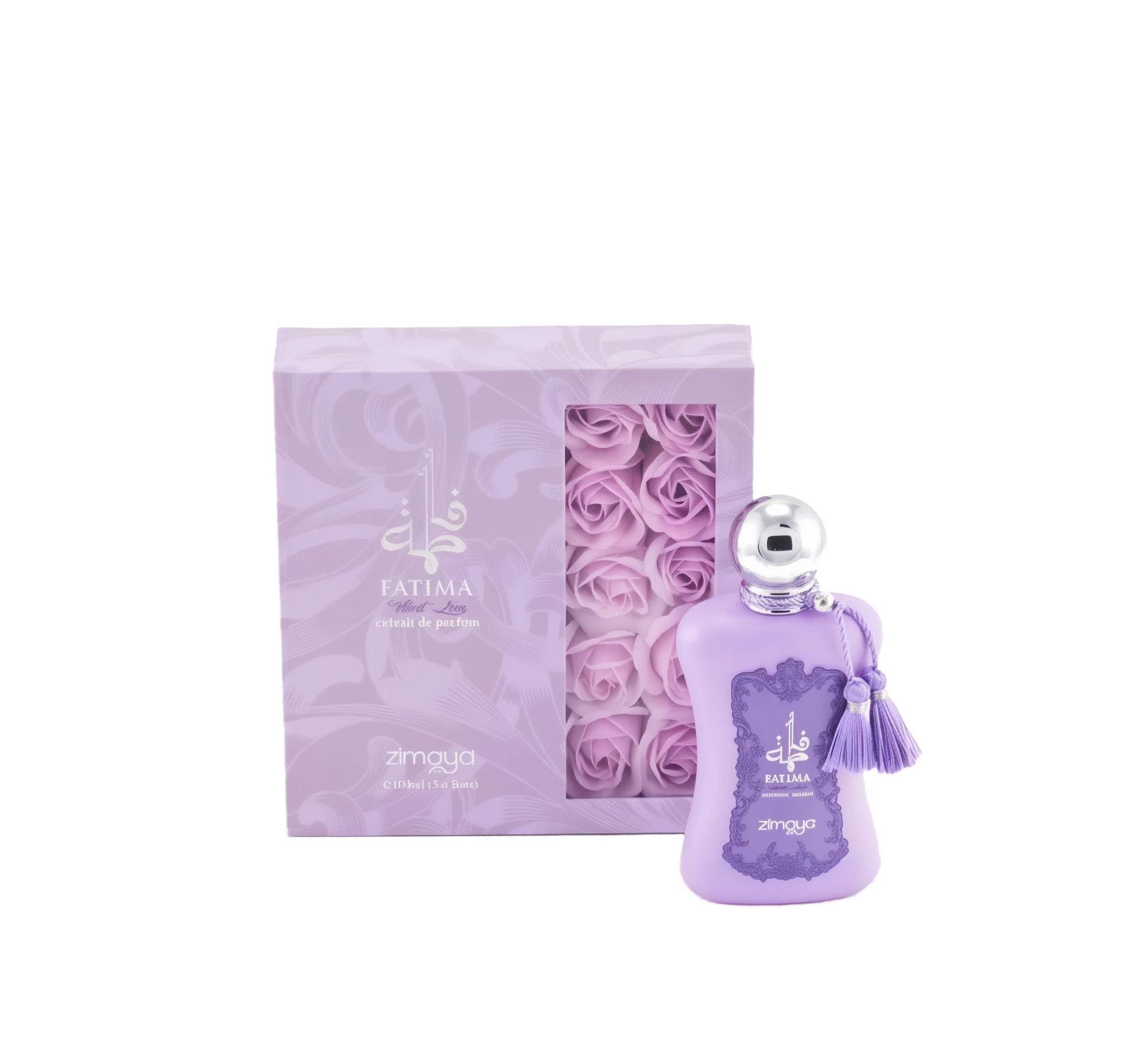 The image shows a bottle of "Fatima Velvet Love" extrait de parfum by Zimaya alongside its packaging. The perfume bottle is a soft lavender color with a silver spherical cap and is adorned with matching lavender tassels.   The accompanying box is also lavender with silver text and a clear window showcasing lavender rose petals inside, enhancing the luxurious and feminine presentation of the product.
