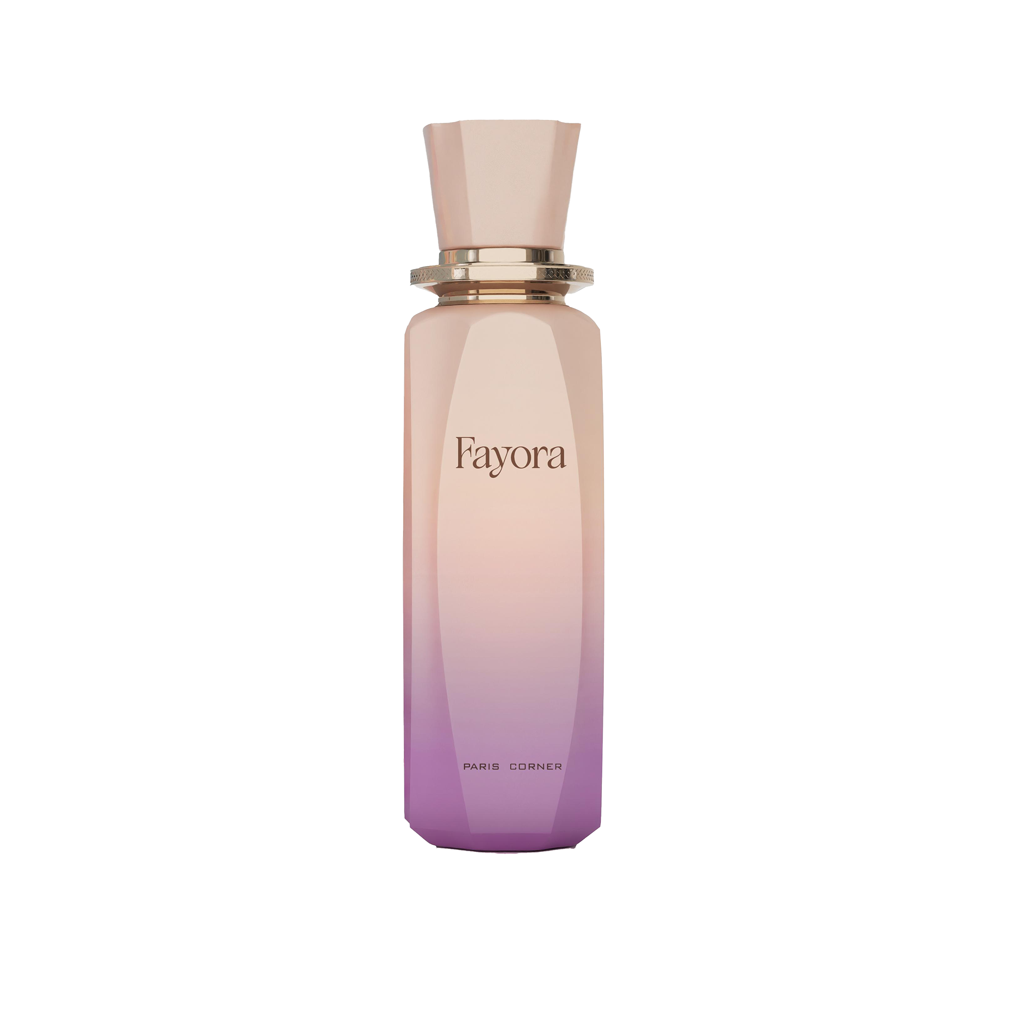 Tall gradient perfume bottle with Fayora logo and Paris Corner text on front.