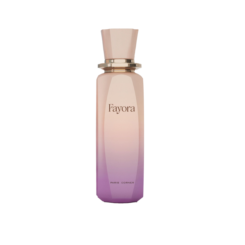 Tall gradient perfume bottle with Fayora logo and Paris Corner text on front.
