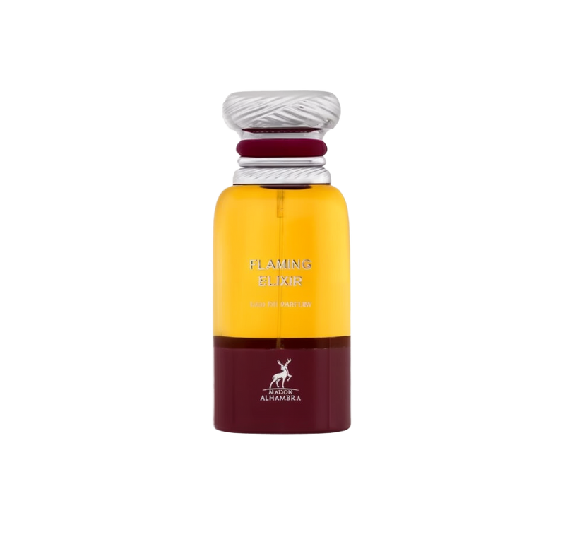 A tall, cylindrical perfume bottle with an amber upper section and a deep burgundy base, topped by a patterned silver cap. The label reads “Flaming Elixir Eau De Parfum” by Maison Alhambra.