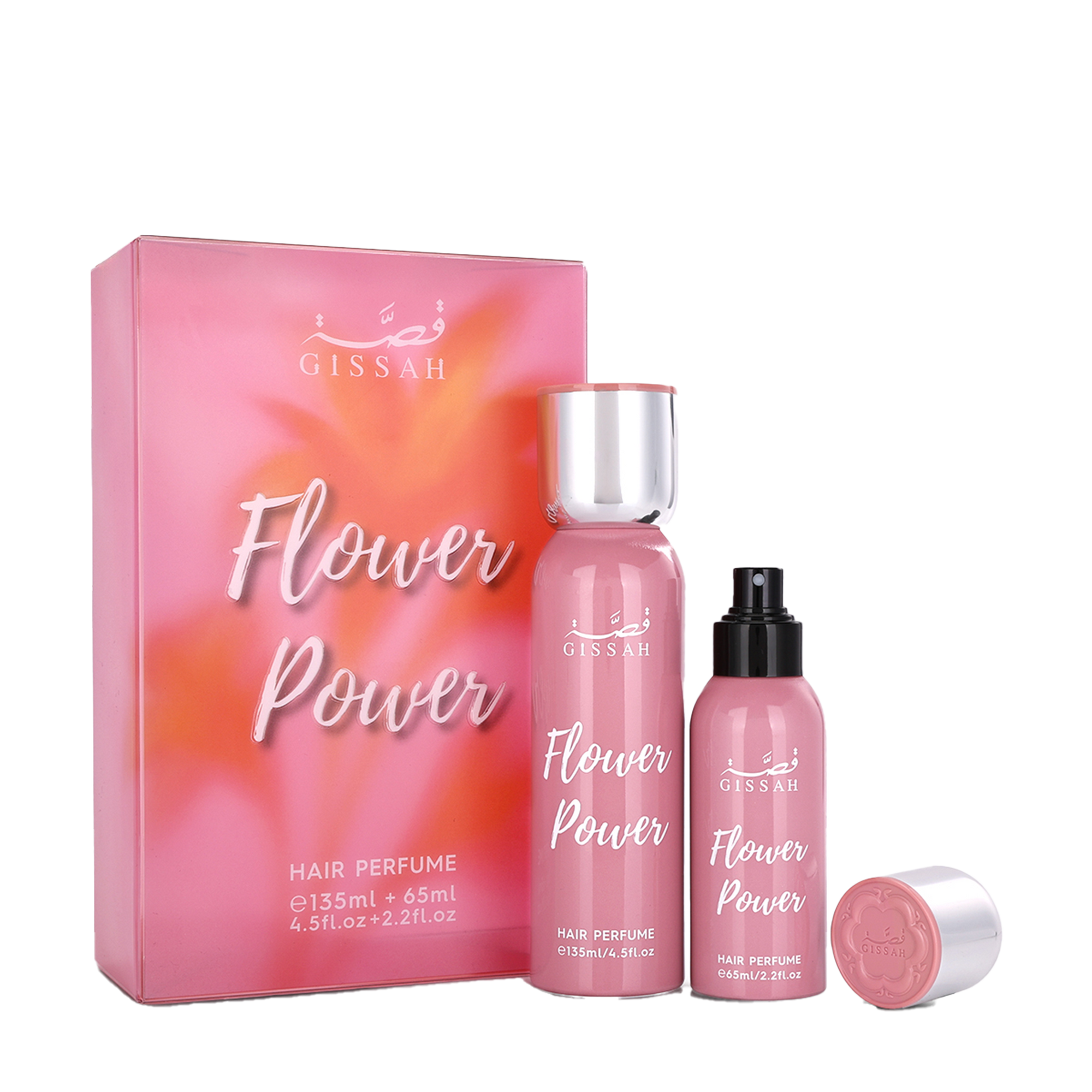 Pink Gissah Flower Power Hair Perfume set with two bottles and matching box featuring floral gradient design.