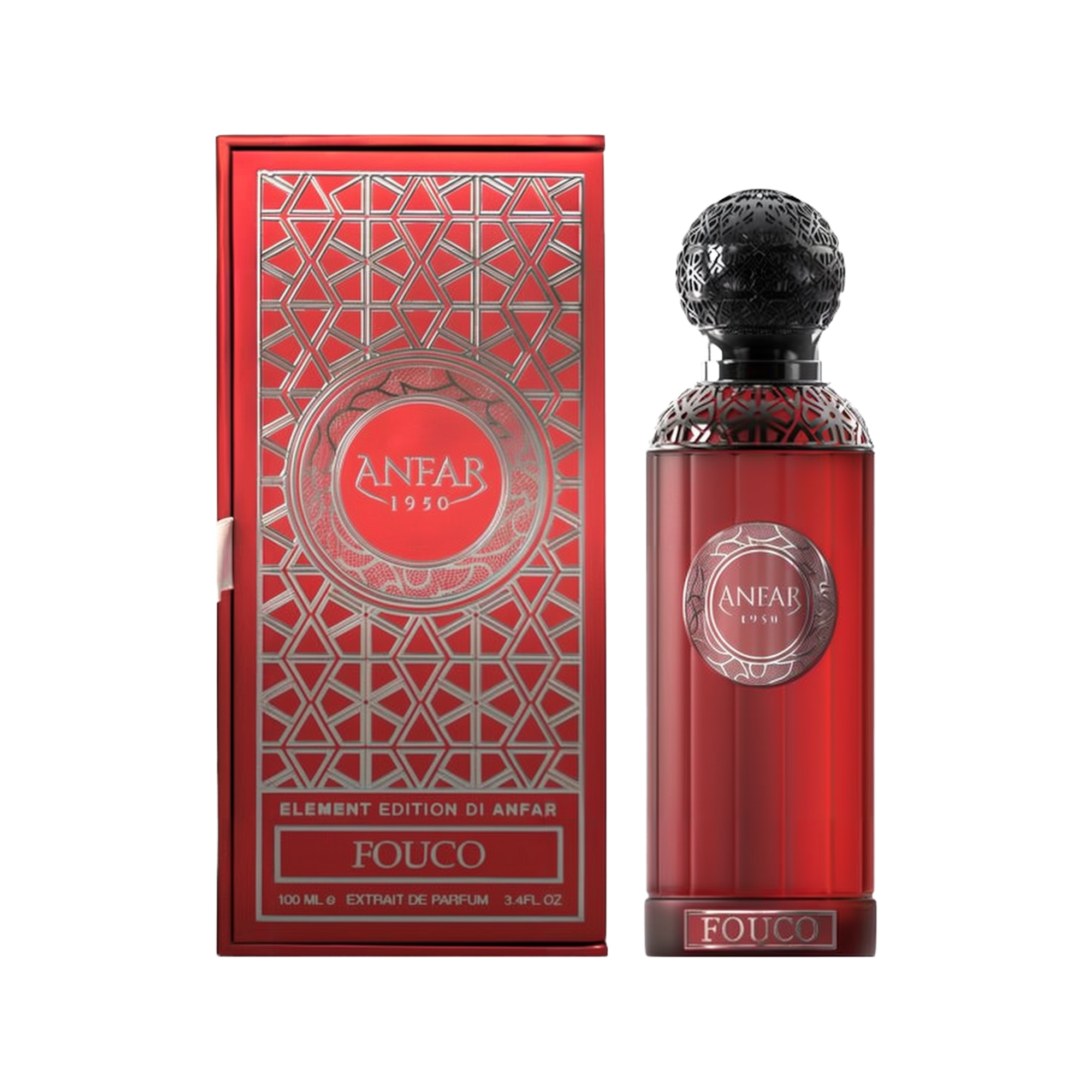 The image features the "Fuoco Pour Homme Extrait De Parfum" by Anfar. The perfume bottle is a striking red color with an intricate, ornate black cap. The label on the bottle displays the Anfar logo, set within a circular silver pattern that adds to the lu