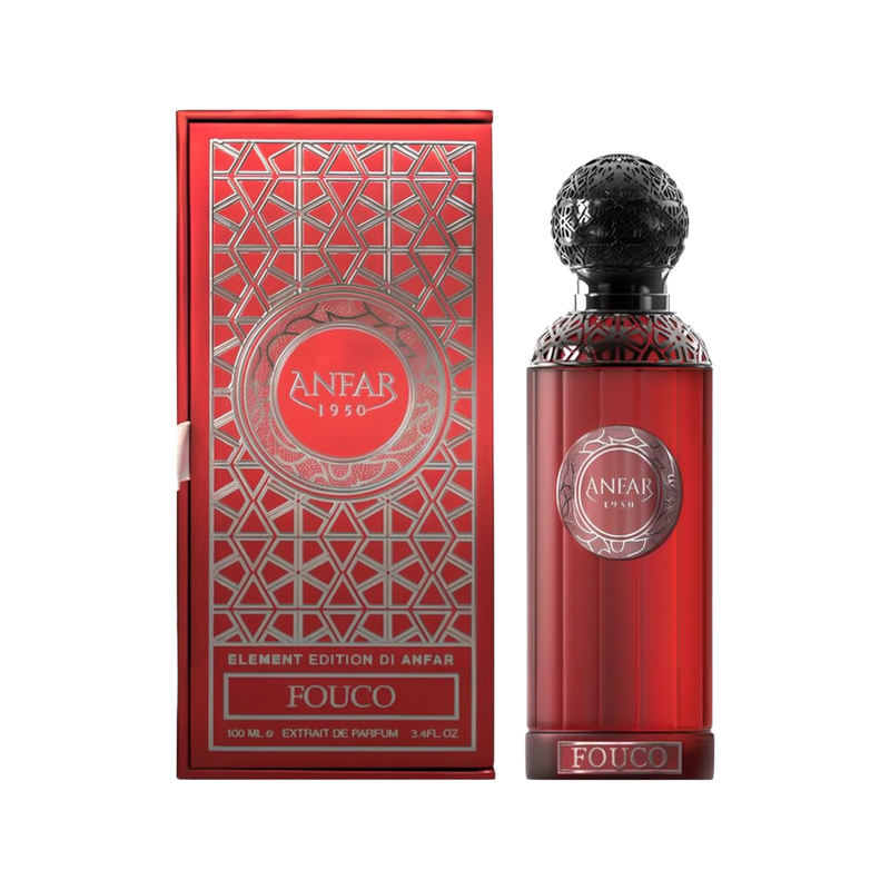 The image features the "Fuoco Pour Homme Extrait De Parfum" by Anfar. The perfume bottle is a striking red color with an intricate, ornate black cap. The label on the bottle displays the Anfar logo, set within a circular silver pattern that adds to the lu