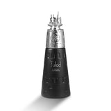 The image features a unique and artistically designed perfume bottle named "Fulad" by Nabeel Perfumes. The bottle is predominantly black with silver accents. It has a conical shape with a textured pattern that simulates studs or rivets, reminiscent of traditional armor. The cap is silver and resembles a castle or fortress with detailed towers and battlements, adding a whimsical or historical element to the design.
