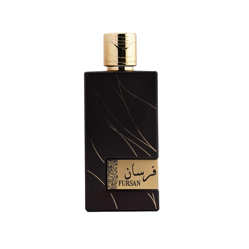 Luxurious Fursan dark brown perfume bottle with striking gold accent lines, isolated against a black background.