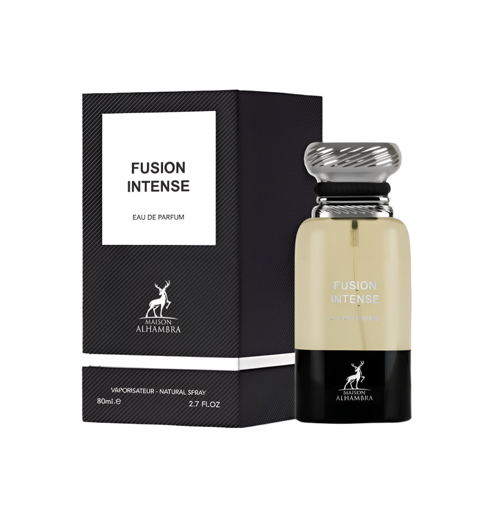 A black rectangular box labeled ‘Fusion Intense Eau De Parfum’ by Maison Alhambra, shown beside a cylindrical perfume bottle with a silver swirl cap, pale yellow liquid, and a black base.