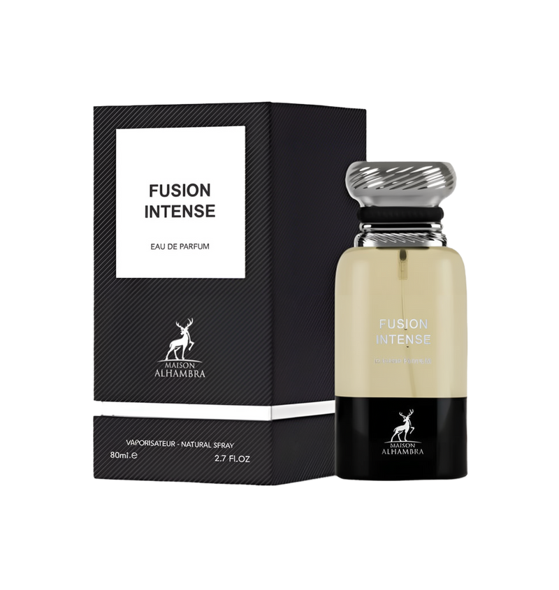 A black rectangular box labeled ‘Fusion Intense Eau De Parfum’ by Maison Alhambra, shown beside a cylindrical perfume bottle with a silver swirl cap, pale yellow liquid, and a black base.
