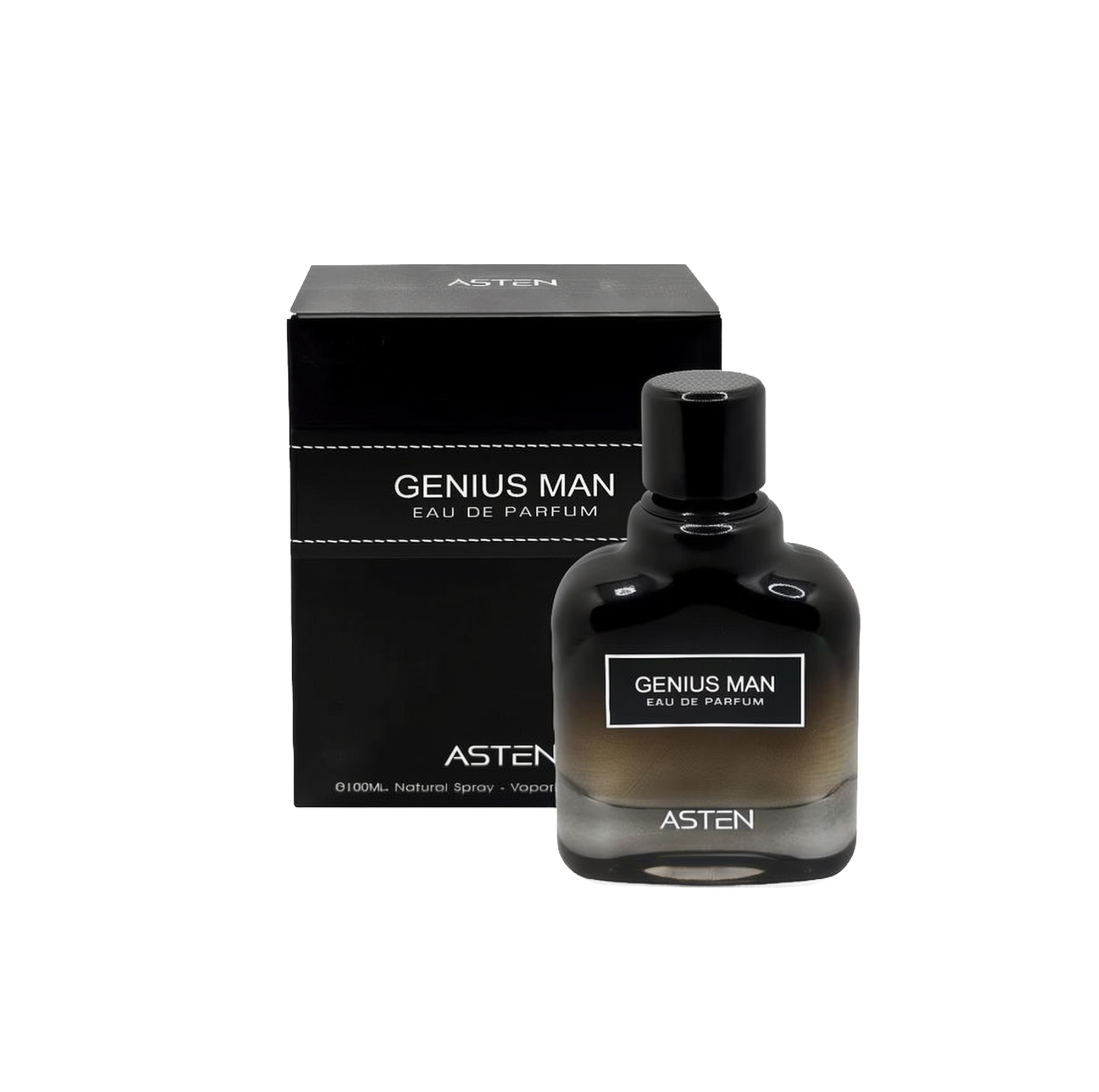 A rectangular black box with white stitched accents labeled “Genius Man Eau De Parfum” by Asten, displayed beside a sleek black-to-gray gradient glass bottle topped with a round black cap and the same text on its front.