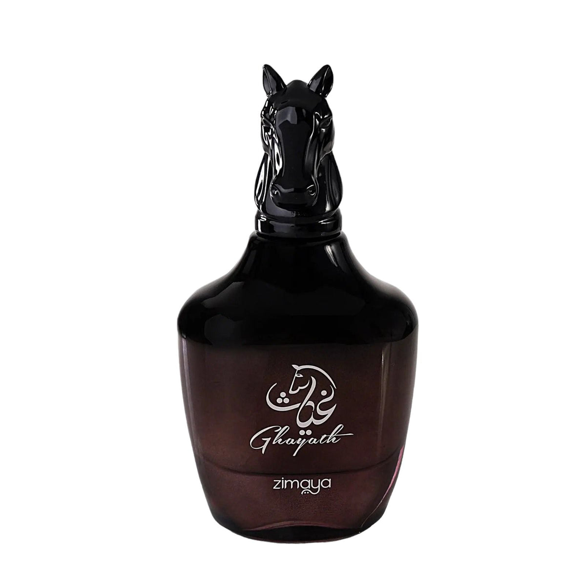 The image shows a bottle of "Ghayath" eau de parfum by Zimaya. The perfume bottle is glossy black with a unique, sculpted design resembling a horse's head as the cap. The bottle has a rounded base and tapers slightly toward the top. The front of the bottle features white text in Arabic and English that reads "Ghayath" and "zimaya." 