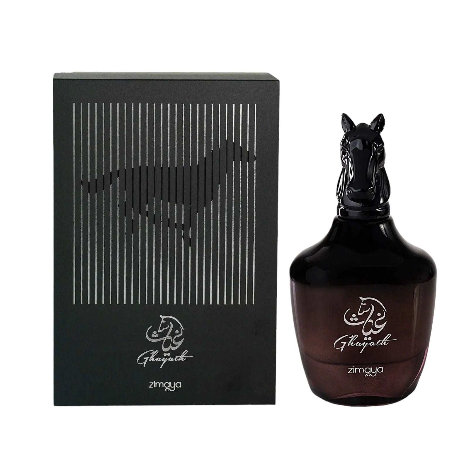 The image shows a bottle of "Ghayath" eau de parfum by Zimaya alongside its packaging. The perfume bottle is glossy black with a unique design, featuring a sculpted horse head as the cap.  The packaging box is black with a minimalist design. It features vertical silver stripes, and in the middle, there is a silhouette of a horse formed by the absence of the stripes. Below the stripes, the box has the same white text in Arabic and English as the bottle.