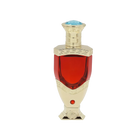 The images show a product called "Ghazlaan" by Khadlaj, which is a concentrated perfume oil. The perfume comes in an elegant bottle with a deep red liquid, featuring a gold base and cap with intricate designs and a light blue gem on the top.