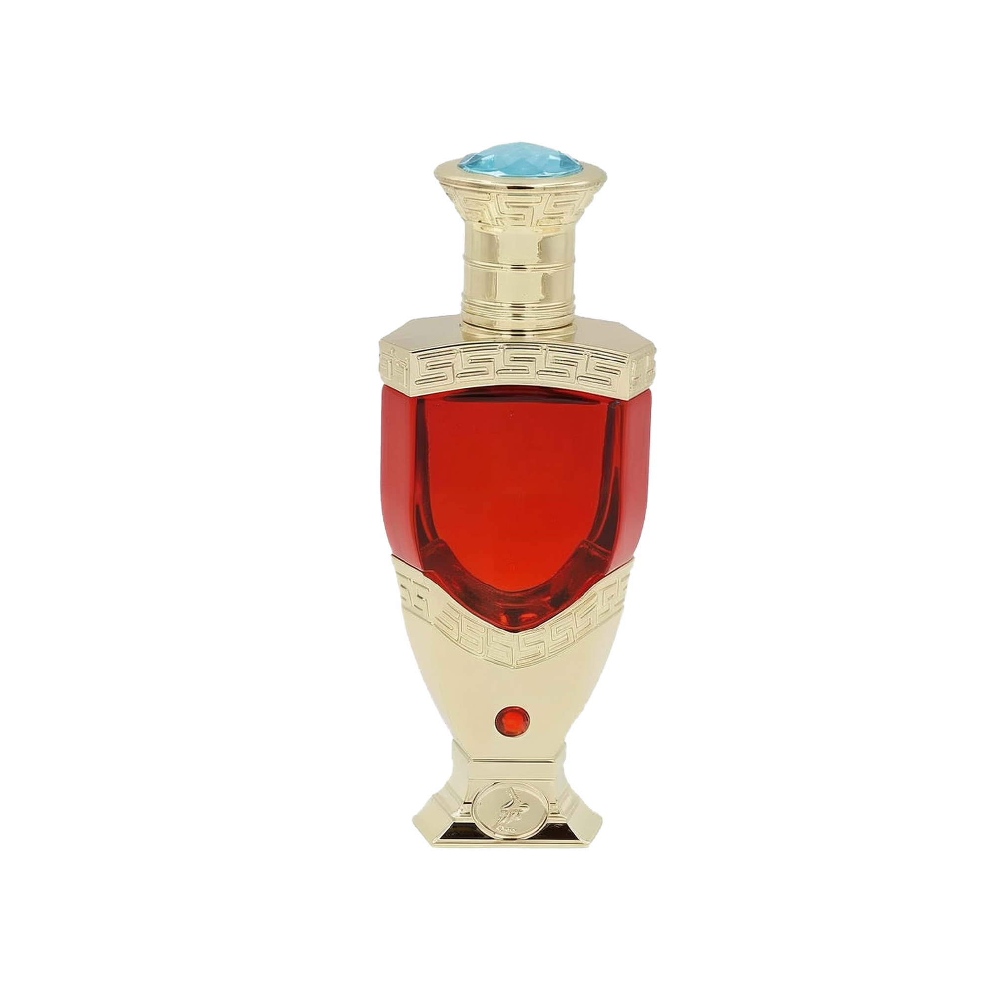 The images show a product called "Ghazlaan" by Khadlaj, which is a concentrated perfume oil. The perfume comes in an elegant bottle with a deep red liquid, featuring a gold base and cap with intricate designs and a light blue gem on the top.