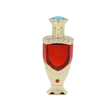 The images show a product called "Ghazlaan" by Khadlaj, which is a concentrated perfume oil. The perfume comes in an elegant bottle with a deep red liquid, featuring a gold base and cap with intricate designs and a light blue gem on the top.