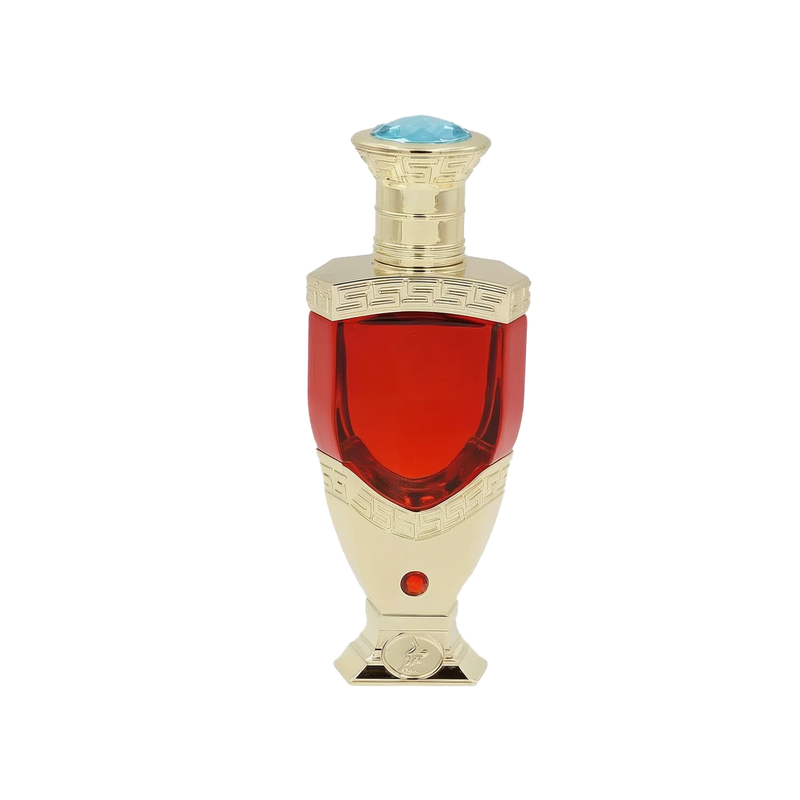 The images show a product called "Ghazlaan" by Khadlaj, which is a concentrated perfume oil. The perfume comes in an elegant bottle with a deep red liquid, featuring a gold base and cap with intricate designs and a light blue gem on the top.