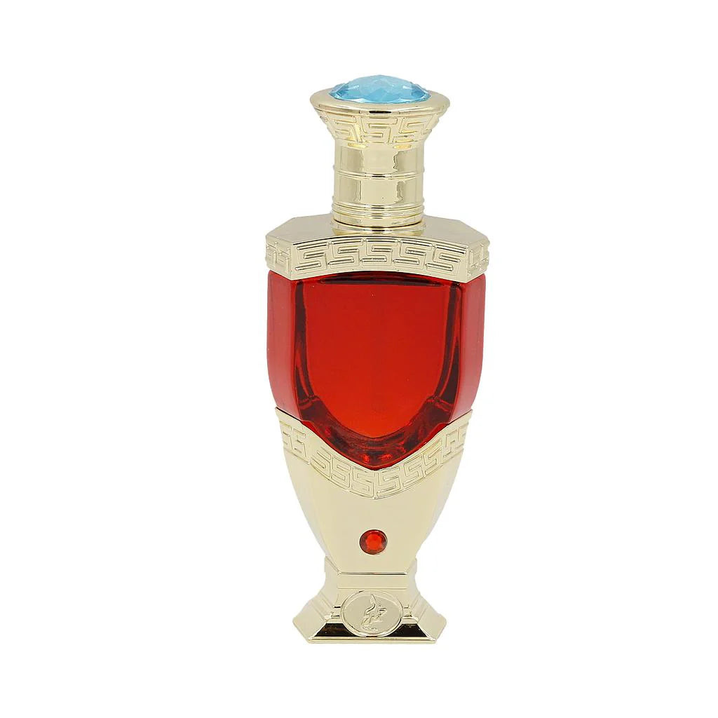 The images show a product called "Ghazlaan" by Khadlaj, which is a concentrated perfume oil. The perfume comes in an elegant bottle with a deep red liquid, featuring a gold base and cap with intricate designs and a light blue gem on the top.