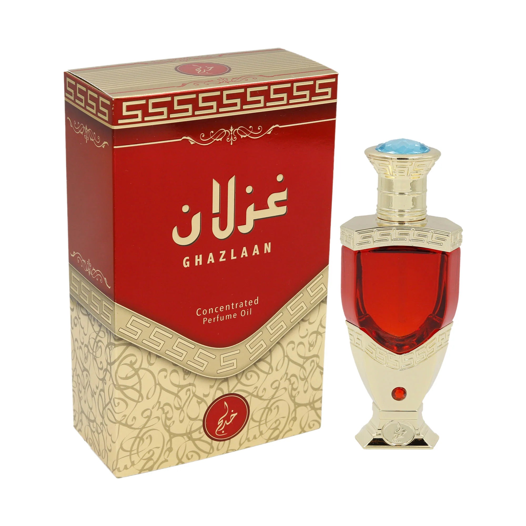 The packaging box has a striking red and gold design, with the product name "Ghazlaan" prominently displayed in both English and Arabic. The lower part of the box is decorated with a gold pattern, adding to the luxurious appearance of the product.