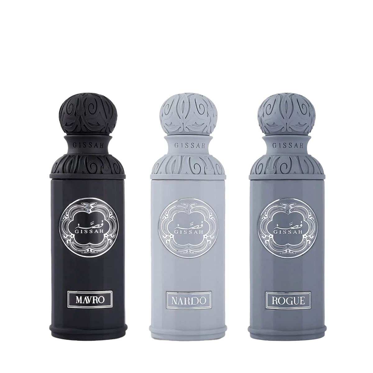Gissah Graphite Set featuring Mavro, Nardo, and Rogue perfumes in black and grey bottles.