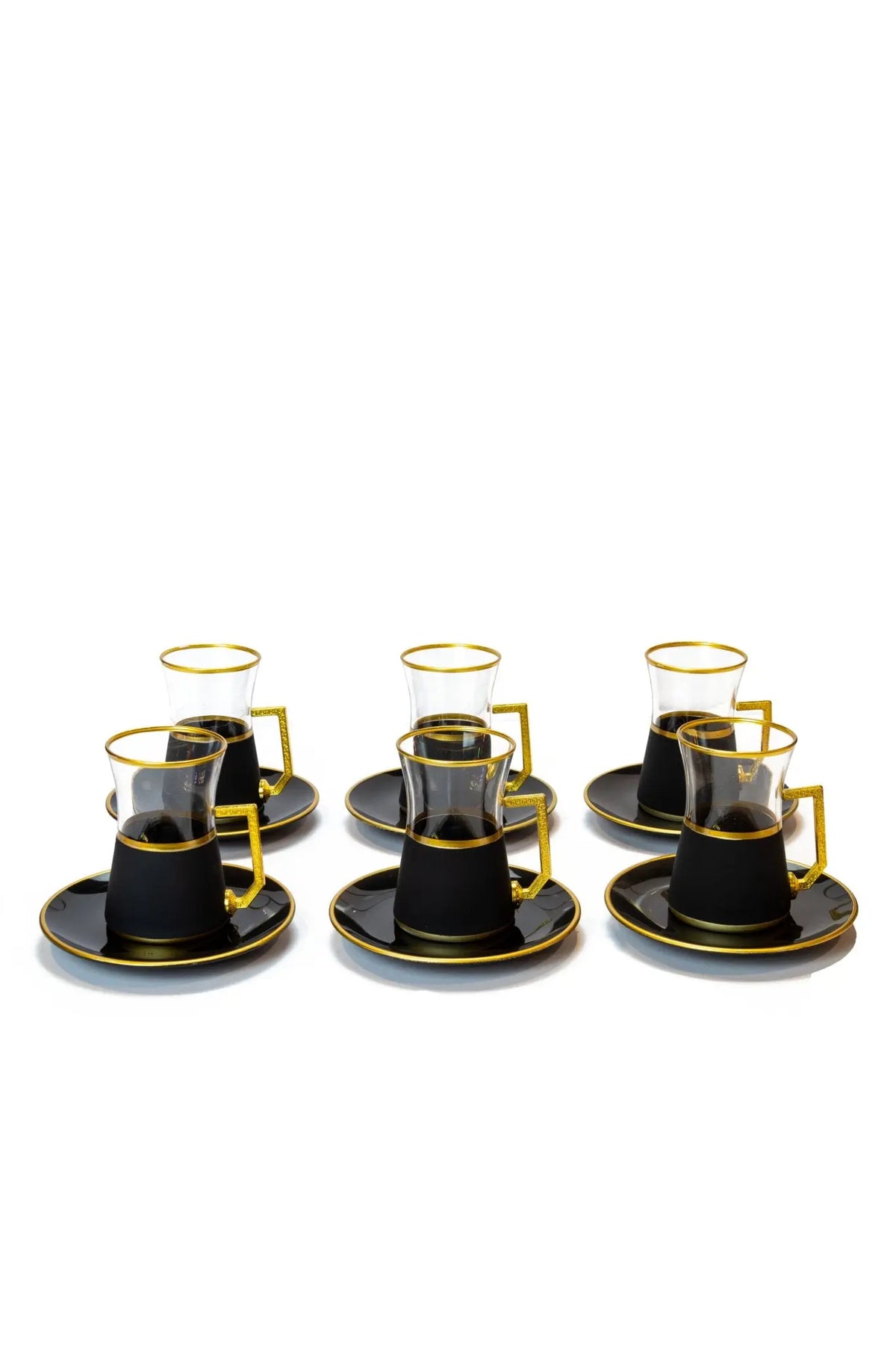 Glass Tea Cup Set With Gold Handle and Ceramic Saucer Matte Black 12pcs - Armani Gallery