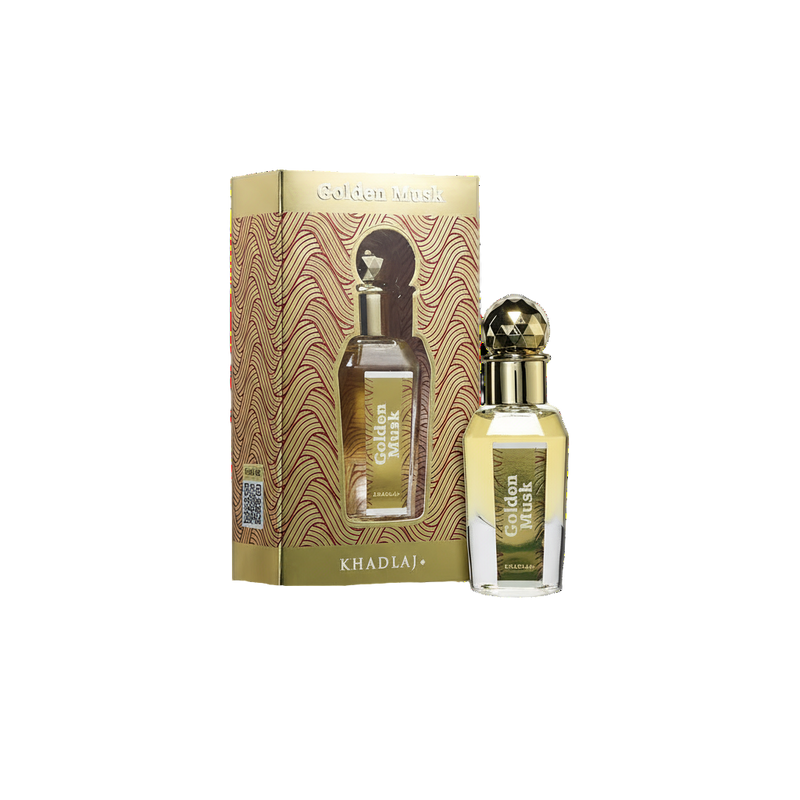 Khadlaj Golden Musk perfume oil with gold patterned box and faceted gold-topped bottle.